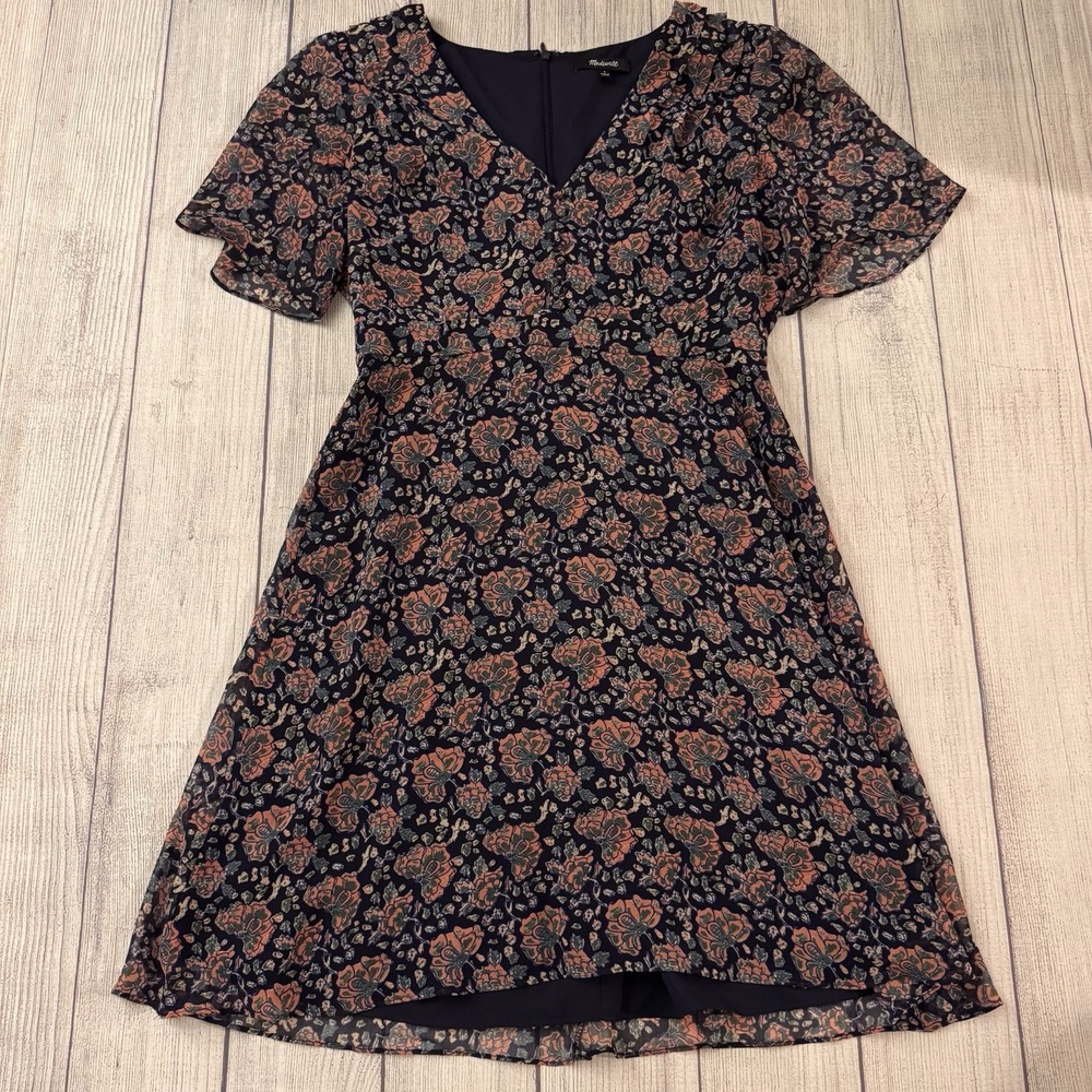 Madewell Orchard Flutter-Sleeve Dress Fan Floral Mix Block Dark Midnight Size‎ 4
